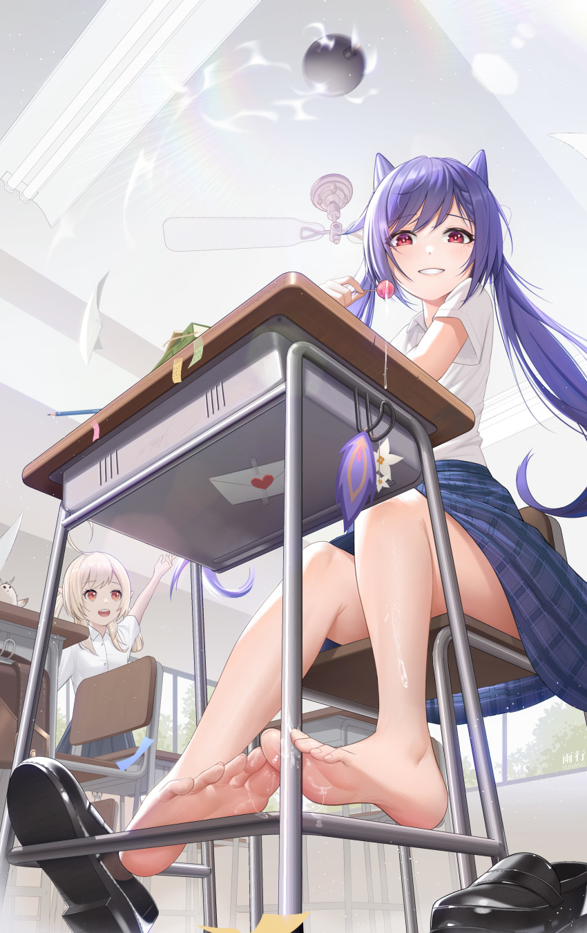 2girls, absurdres, ahoge, alternate_costume, arm_up, barefoot, black_footwear, blonde_hair, blouse, blue_skirt, blush, candy, ceiling, ceiling_fan, chair, chinese_commentary, classroom, collared_shirt, commentary_request, cone_hair_bun, contemporary, desk, dodoco_(genshin_impact), feet, food, foot_focus, foreshortening, from_below, genshin_impact, grin, hair_bun, highres, holding, holding_candy, holding_food, holding_lollipop, indoors, keqing_(genshin_impact), klee_(genshin_impact), letter, light_particles, loafers, lollipop, long_hair, looking_at_viewer, love_letter, multiple_girls, open_mouth, paper, pencil, plaid_clothes, plaid_skirt, purple_eyes, red_eyes, saliva, school_chair, school_desk, school_uniform, shirt, shoes, short_sleeves, sitting, skirt, smile, soles, toes, twintails, unworn_shoes, white_shirt, window, yuxing_yuhang