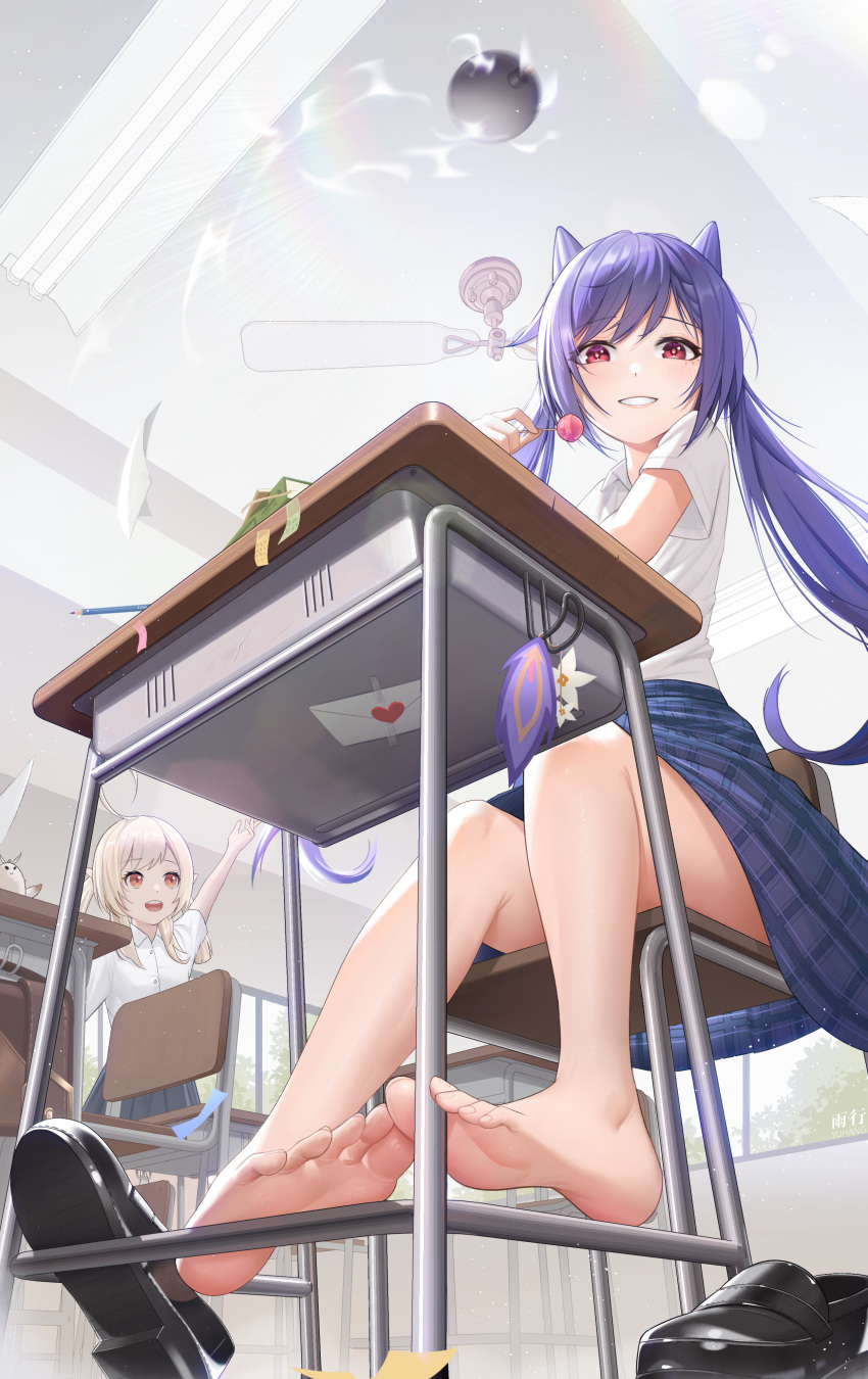 2girls, absurdres, ahoge, alternate_costume, arm_up, barefoot, black_footwear, blonde_hair, blouse, blue_skirt, blush, candy, ceiling, ceiling_fan, chair, chinese_commentary, classroom, collared_shirt, commentary_request, cone_hair_bun, contemporary, desk, dodoco_(genshin_impact), feet, food, foot_focus, foreshortening, from_below, genshin_impact, grin, hair_bun, highres, holding, holding_candy, holding_food, holding_lollipop, indoors, keqing_(genshin_impact), klee_(genshin_impact), letter, light_particles, loafers, lollipop, long_hair, looking_at_viewer, love_letter, multiple_girls, open_mouth, paper, pencil, plaid_clothes, plaid_skirt, purple_eyes, red_eyes, school_chair, school_desk, school_uniform, shirt, shoes, short_sleeves, sitting, skirt, smile, soles, toes, twintails, unworn_shoes, white_shirt, window, yuxing_yuhang