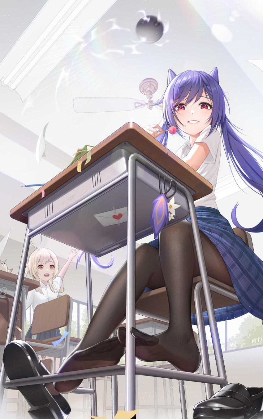 2girls, absurdres, ahoge, alternate_costume, arm_up, black_pantyhose, black_shoes, blonde_hair