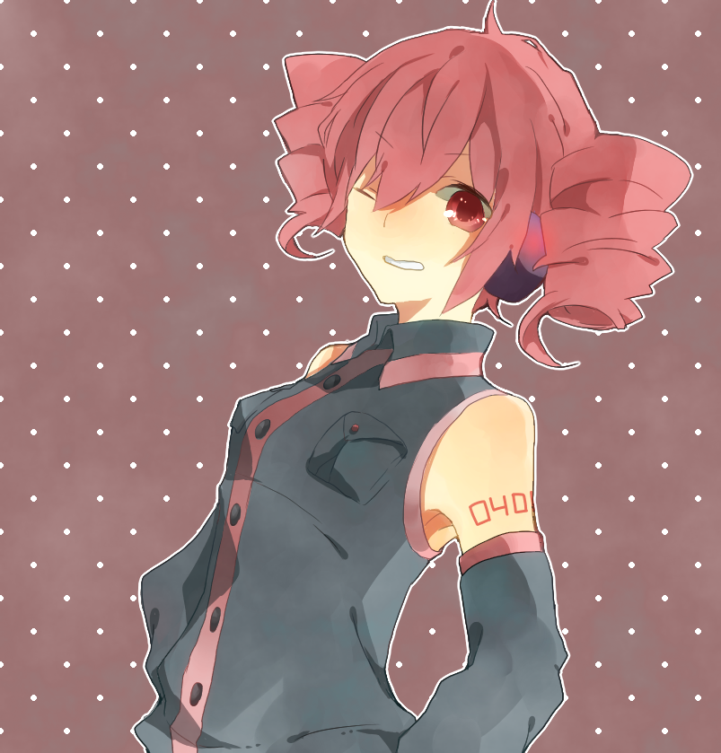 1girl, bare_shoulders, black_shirt, black_sleeves, breast_pocket, clenched_teeth, commentary, detached_sleeves, drill_hair, headphones, kasane_teto, kasane_teto_(utau), looking_at_viewer, one_eye_closed, pocket, polka_dot, polka_dot_background, red_background, red_eyes, red_hair, shirt, short_hair, shoulder_tattoo, sleeveless, sleeveless_shirt, solo, untranslatable_commentary, tattoo, teeth, twin_drills, ume_chazuke_(rid), upper_body, utau