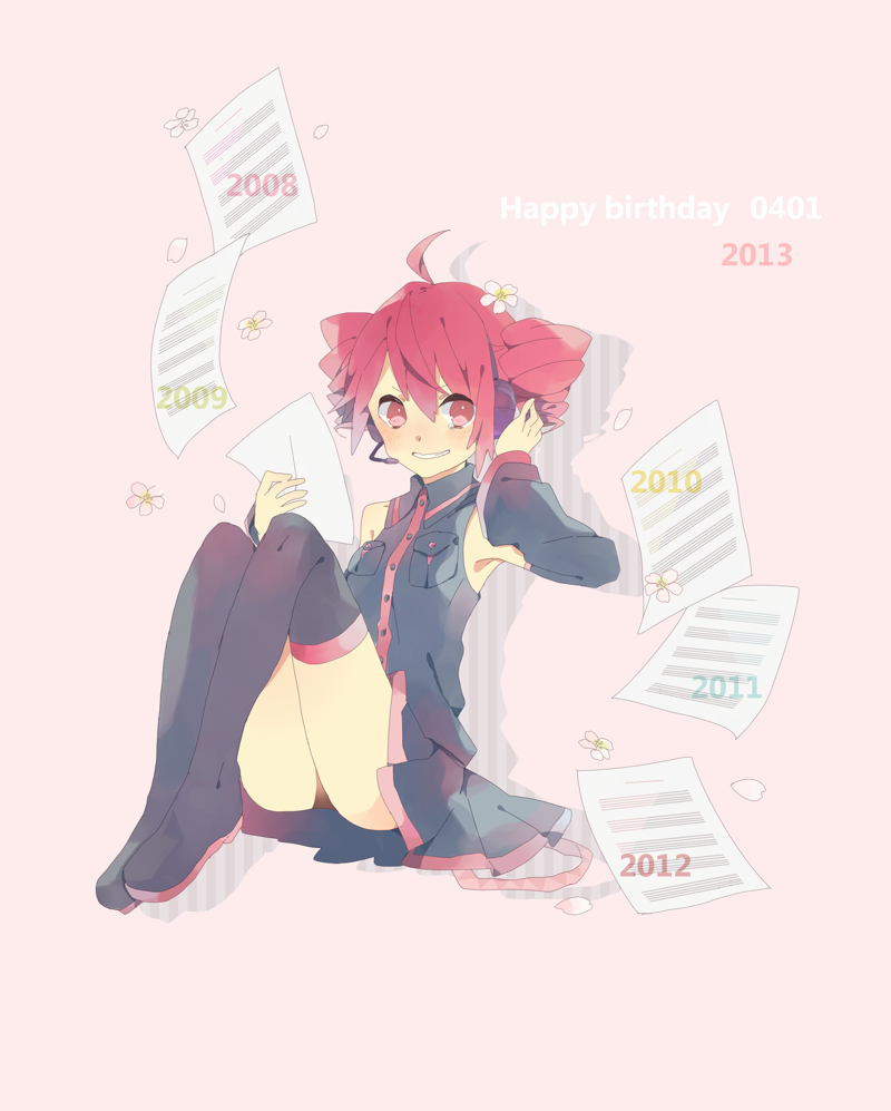 1girl, ahoge, bare_shoulders, belt, black_shirt, black_skirt, black_sleeves, black_thighhighs, boots, breast_pocket, cherry_blossoms, commentary, detached_sleeves, drill_hair, flower, full_body, grin, hair_flower, hair_ornament, hand_on_headphones, happy_birthday, headphones, holding, holding_paper, kasane_teto, kasane_teto_(utau), knees_up, looking_at_viewer, miniskirt, paper, pink_background, pink_flower, pleated_skirt, pocket, red_eyes, red_hair, sheet_music, shirt, short_hair, sitting, skirt, sleeveless, sleeveless_shirt, smile, solo, thigh_boots, thighhighs, twin_drills, ume_chazuke_(rid), utau