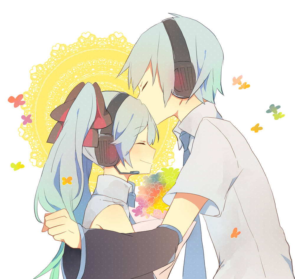 1boy, 1girl, aqua_hair, aqua_neckwear, bare_shoulders, black_sleeves, blue_necktie, bouquet