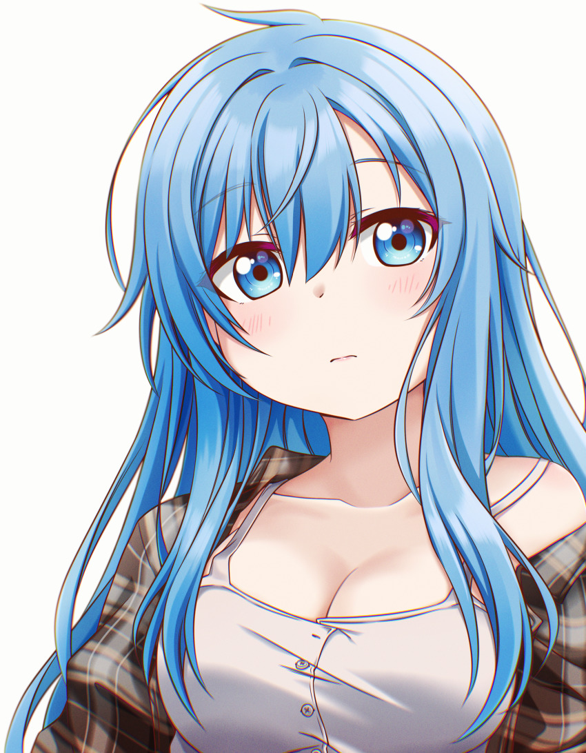1girl, absurdres, blue_eyes, blue_hair, breasts, camisole, chromatic_aberration, cleavage