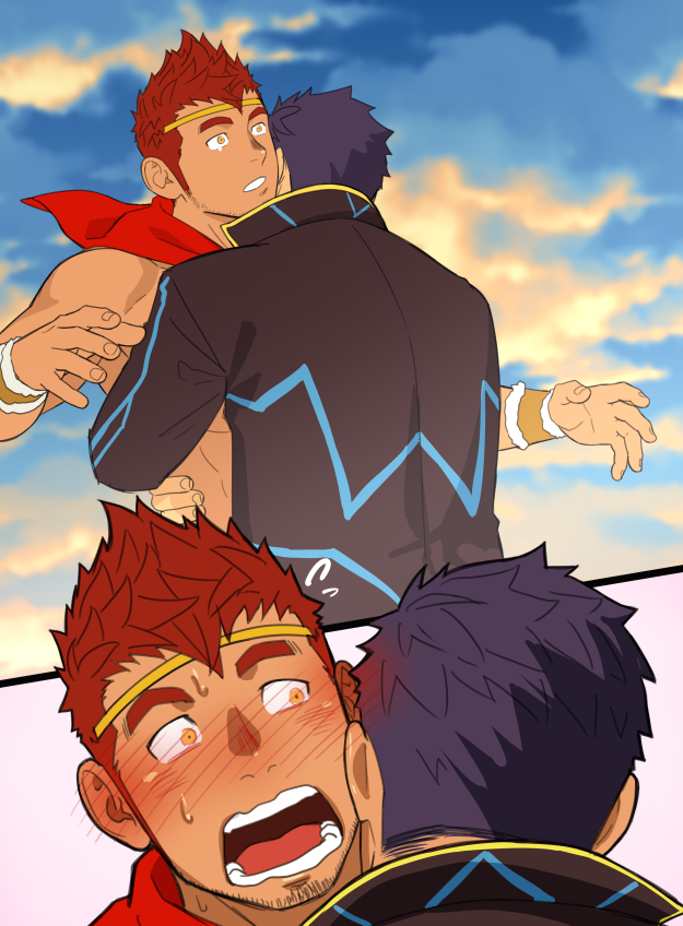 2boys, :s, bara, beard, blush, cloud, cloudy_sky, crown