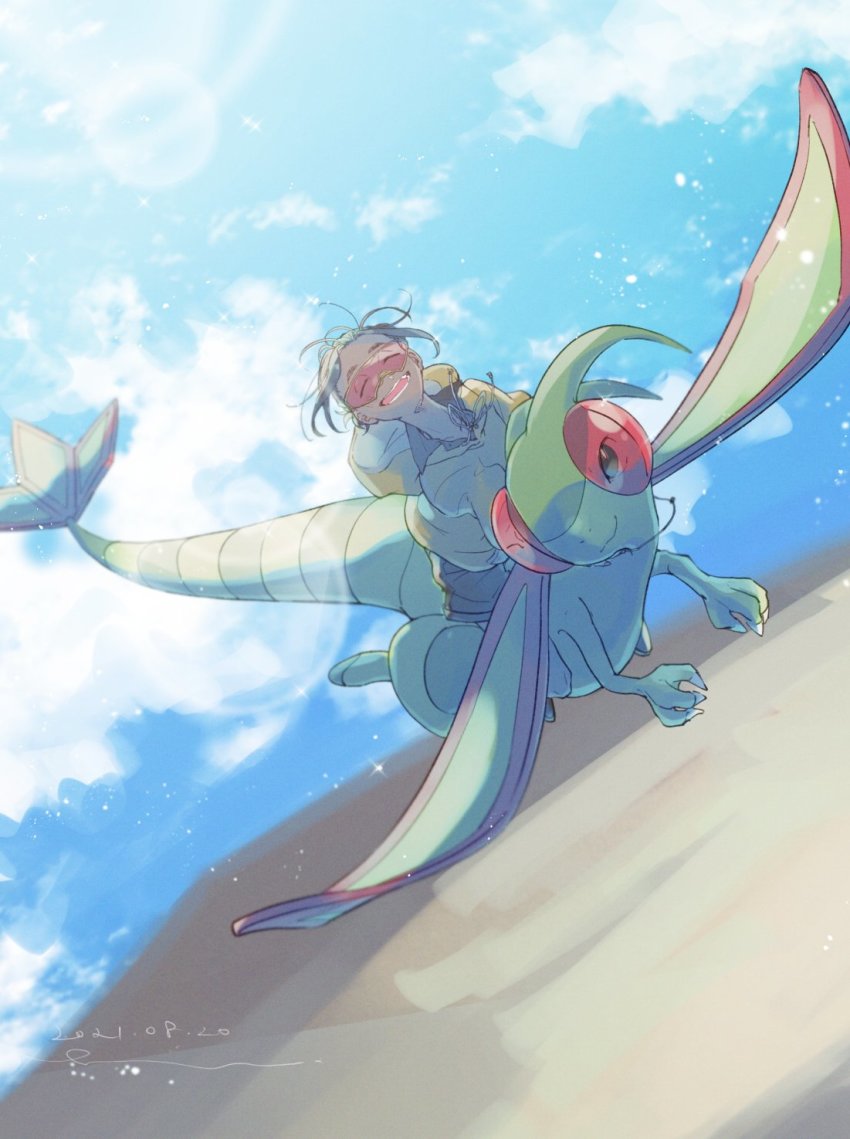 1boy, aged_down, black_hair, claws, closed_eyes, cloud, commentary_request, day