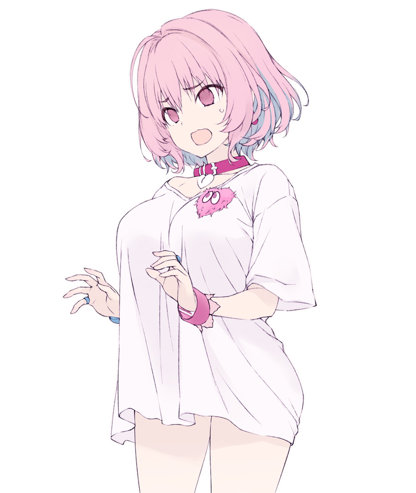 1girl, :o, ahoge, bare_legs, bracelet, breasts, choker, empty_eyes