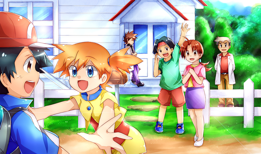 1girl, ash_ketchum, backpack, bag, blue_eyes, blush, delia_ketchum, gary_oak, gen_2_pokemon, misty_(pokemon), miu_(chuyu825), nintendo, orange_hair, pokemon, pokemon_(anime), pokemon_(creature), pokemon_the_series:_ruby_and_sapphire, red_hair, professor_oak, shirt, togepi, tracey_sketchit, yellow_shirt