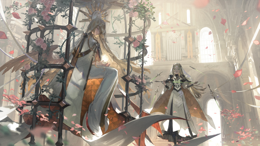 2girls, alchemy_stars, architecture, blonde_hair, bridal_veil, cage, cape, cherry_blossoms