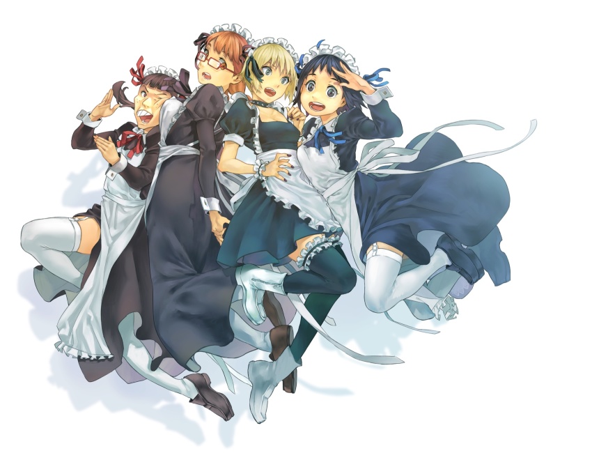 4girls, apron, arashiyama_hotori, black_choker, black_dress, black_eyes, black_footwear, black_hair