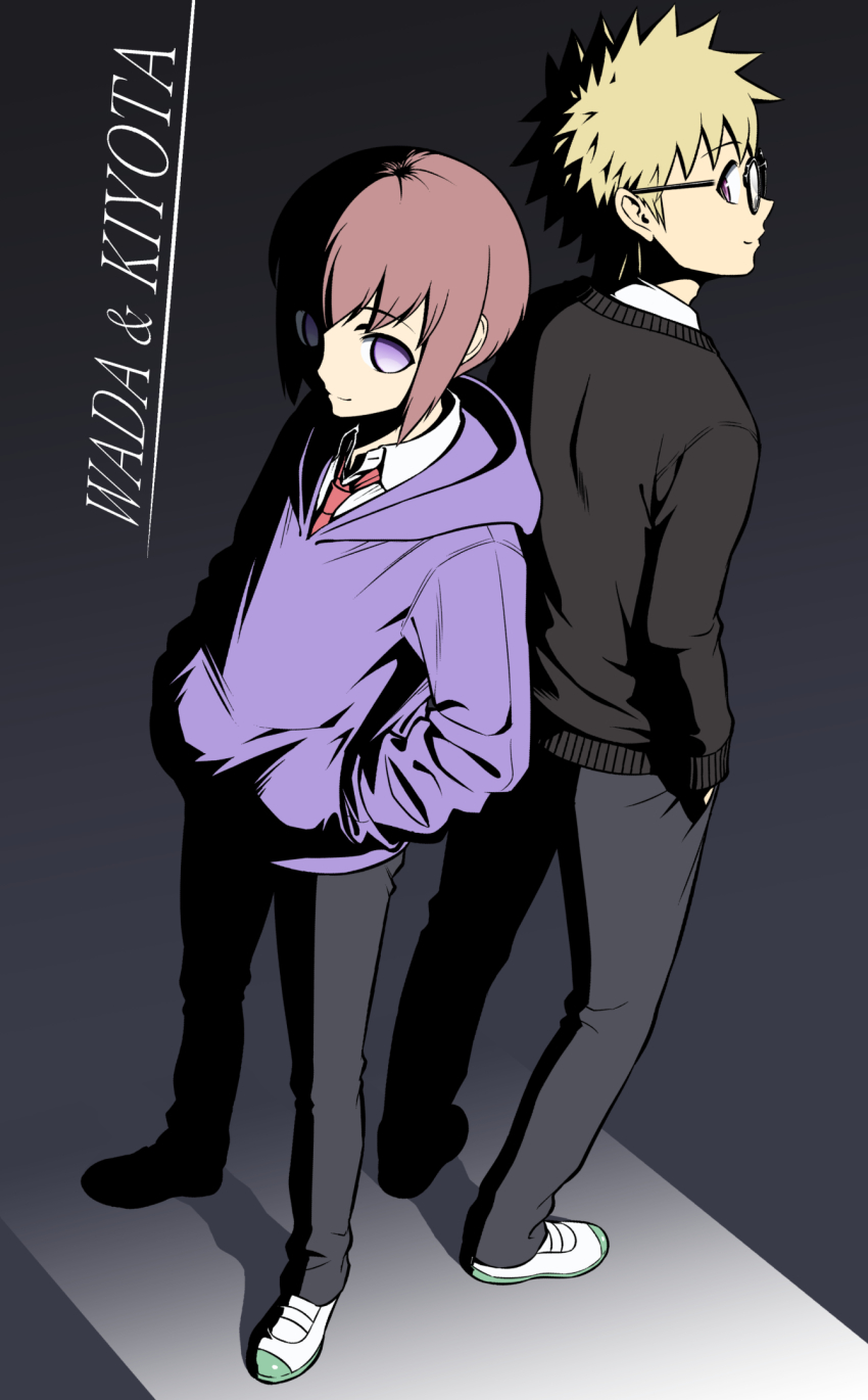2boys, back-to-back, black-framed_eyewear, black_background, black_pants, black_sweater, blonde_hair, brown_hair