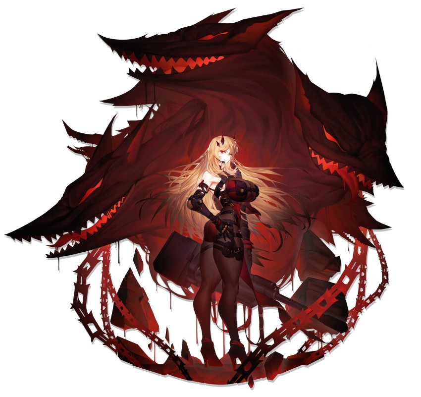 1girl, absurdres, arknights, bare_shoulders, barghest_(fate), blonde_hair, breasts, chain