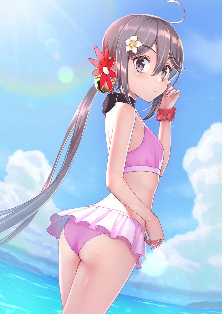 1girl, akebono_(kancolle), akebono_kai_ni_(kancolle), akebono_kai_ni_(swimsuit)_(kancolle), ass, beach, bell, bikini, blush, breasts, cloud, flower, hair_bell, hair_flower, hair_ornament, highres, jingle_bell, kantai_collection, light_blush, long_hair, looking_at_viewer, looking_back, ocean, pink_bikini, porupurucha, purple_eyes, purple_hair, scrunchie, side_ponytail, sky, small_breasts, sunlight, swimsuit, very_long_hair, water, wrist_scrunchie