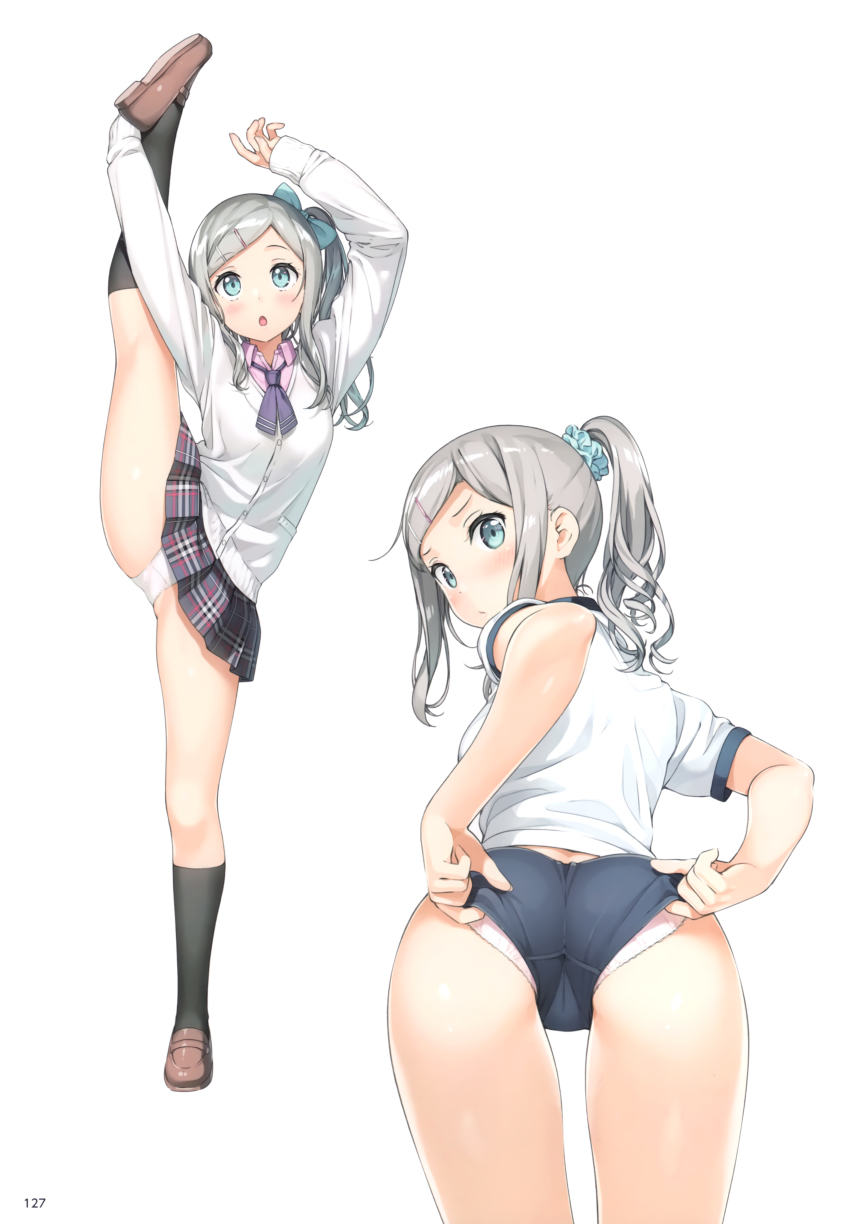 1girl, absurdres, adjusting_buruma, adjusting_clothes, arms_up, ass, black_socks, blue_eyes