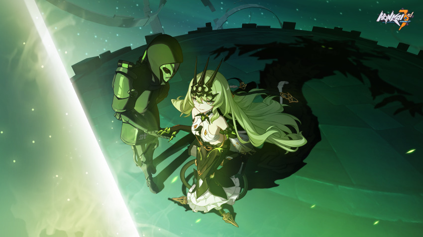 1boy, 1girl, artist_request, asymmetrical_gloves, black_dress, black_footwear, black_gloves, black_hoodie, black_pants, black_tiara, boots, breasts, claws, cleavage, crown, dress, elbow_gloves, full_body, gloves, glowing, gray_serpent, green_eyes, green_hair, green_sky, grin, hair_between_eyes, highres, honkai_(series), honkai_impact_3rd, hood, hoodie, long_hair, mask, mismatched_gloves, mobius_(honkai_impact), open_mouth, pants, shadow, sky, sleeveless, sleeveless_dress, smile, teeth, third-party_source, tiara