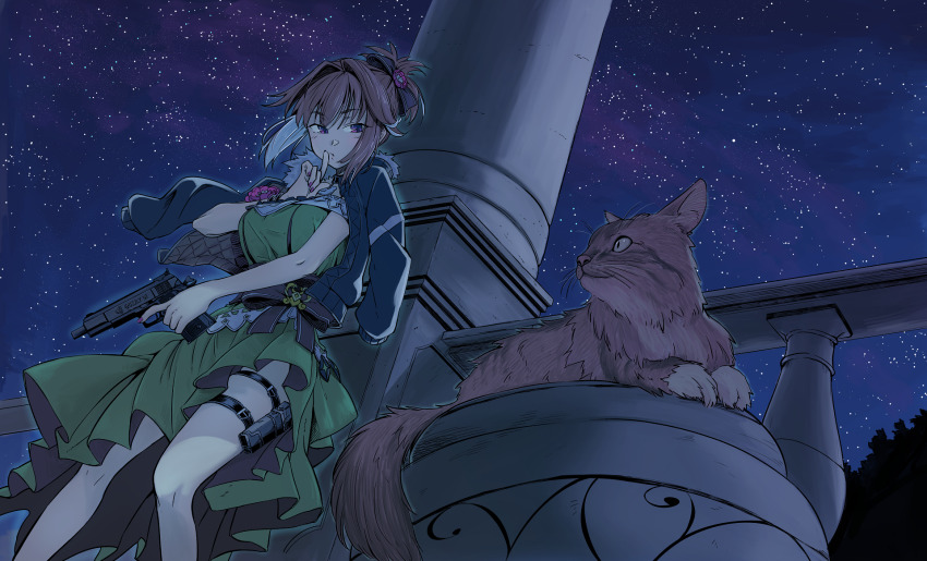 1girl, breasts, brown_hair, cat, column, commentary_request, commission, dress