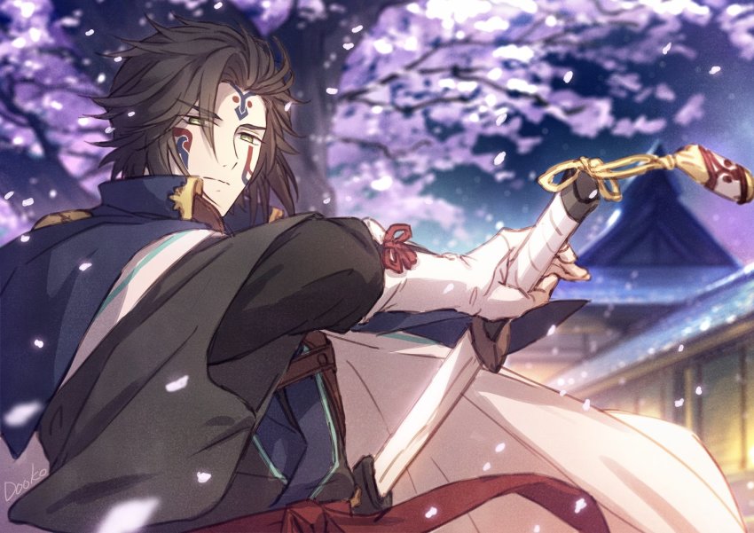 1boy, aquaplus, black_hair, building, cape, closed_mouth, dookoco, eyes_visible_through_hair