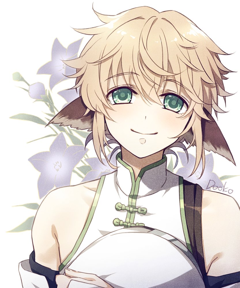 1boy, animal_ears, aquaplus, blonde_hair, closed_mouth, dookoco, flower, green_eyes