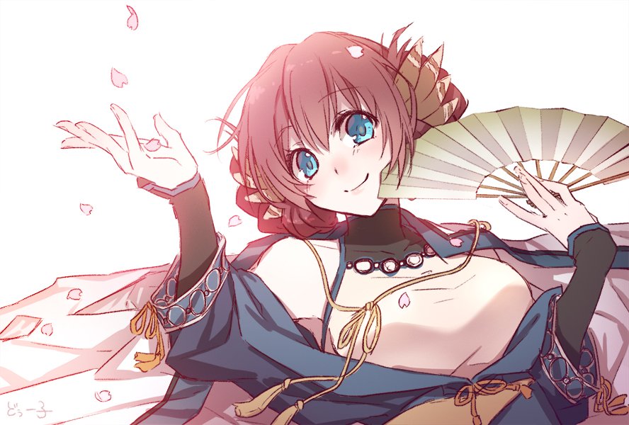 1girl, ainu_clothes, animal_ears, aquaplus, blue_eyes, braid, breasts, closed_mouth