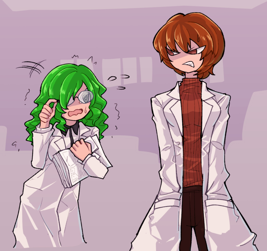 2girls, angry, clenched_teeth, collared_coat, collared_shirt, curly_hair, glasses, green_eyes, hands_in_pockets, holding, holding_paper, kimi_ga_shine, lab_coat, long_sleeves, looking_at_another, michita_22, multiple_girls, nervous, open_mouth, paper, shaking, shirt, short_hair, simple_background, hoemii, sweatdrop, sweater, teeth, hannakii, trembling, turtleneck, turtleneck_sweater