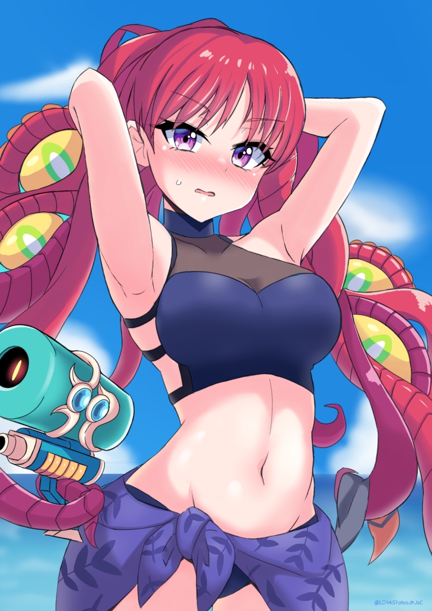 1girl, armpits, arms_behind_head, azathoth_(monster_strike), bikini, blush, breasts, choker, cleavage, cloud, extra_eyes, highres, kobayashi_macchan, looking_at_viewer, medium_breasts, monster_strike, ocean, outdoors, purple_eyes, red_hair, sky, solo, stomach, sweat, swimsuit, tentacles, tentacle_hair, water, water_gun