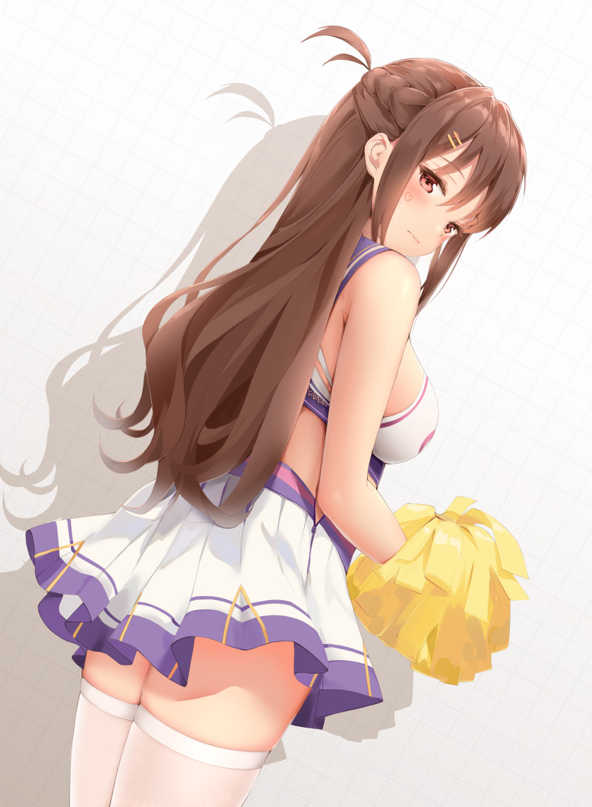 1girl, absurdres, bare_shoulders, braid, breasts, brown_hair, cheerleader, cowboy_shot