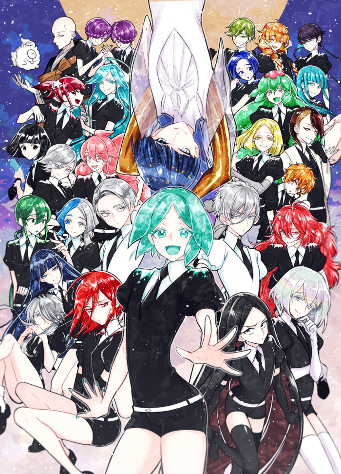 1boy, 6+others, ahoge, alexandrite_(houseki_no_kuni), amethyst_(houseki_no_kuni), androgynous, antarcticite, aqua_eyes