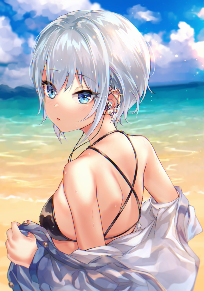 1girl, absurdres, beach, blue_eyes, blue_sky, cable, cloud, commentary