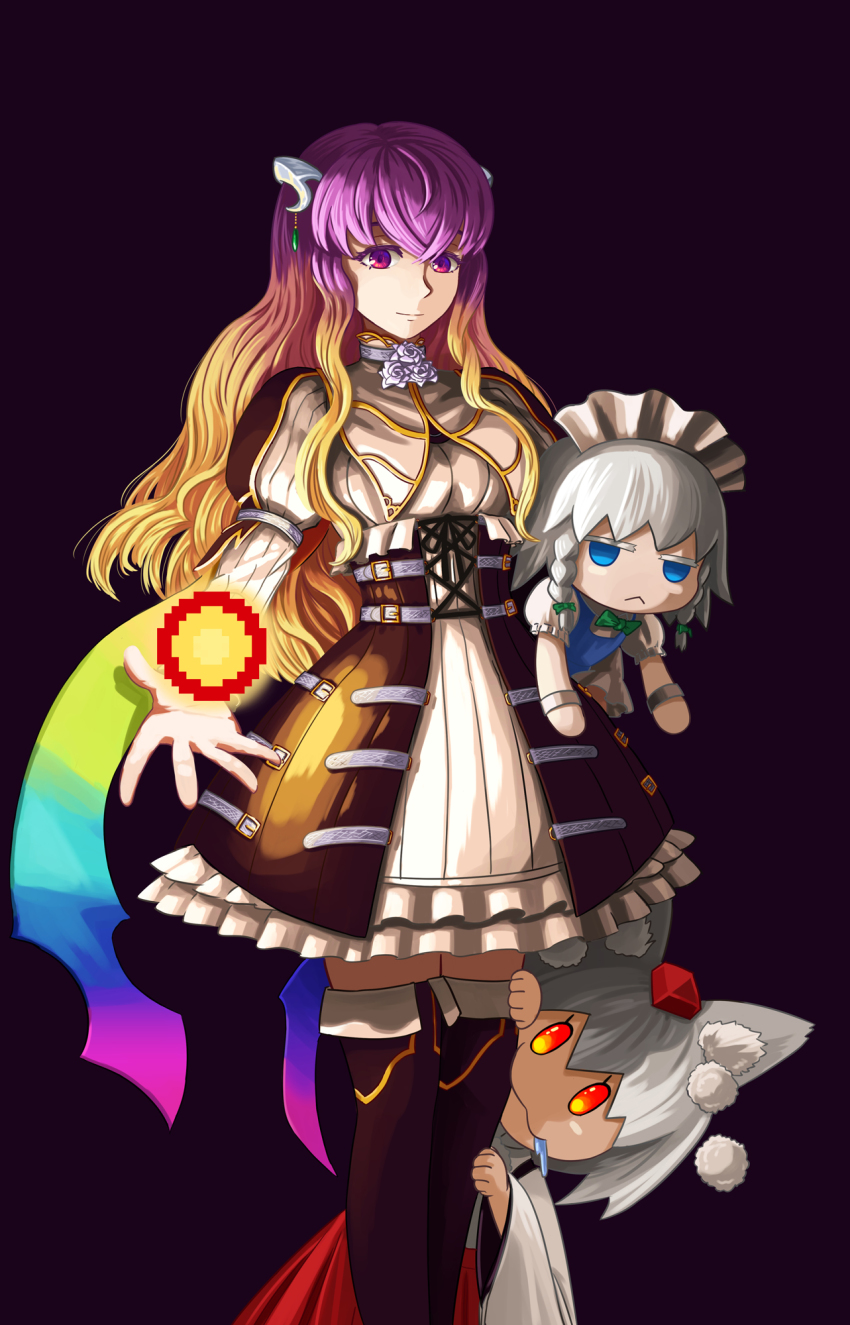 3girls, adapted_costume, animal_ears, black_background, blonde_hair, bloodstained:_ritual_of_the_night, bloodstained_(series), blue_eyes