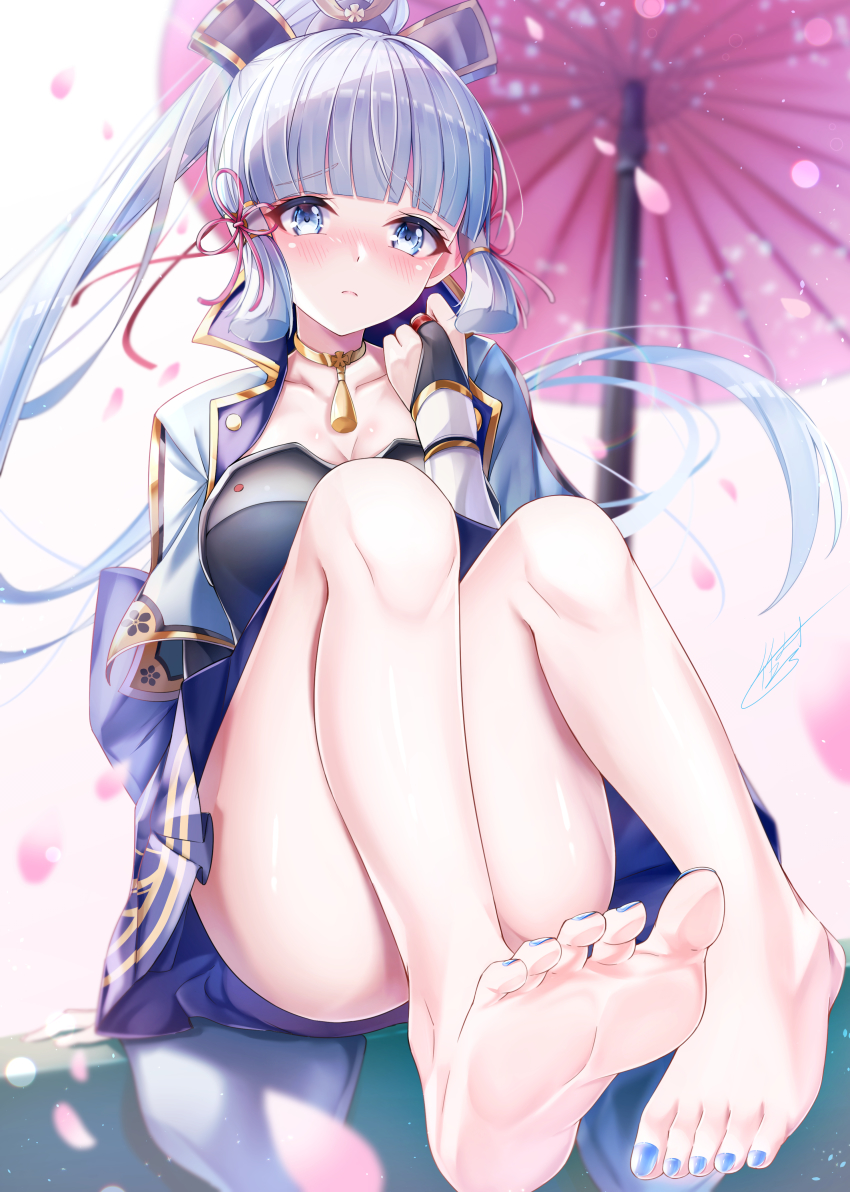 1girl, absurdres, armor, ayaka_(genshin_impact), bare_legs, barefoot, blue_eyes, blue_hair, blue_nails, blue_skirt, blunt_bangs, breastplate, breasts, bridal_gauntlets, choker, closed_mouth, commentary_request, feet, floating_hair, foot_focus, full_body, genshin_impact, hair_ornament, hair_ribbon, hand_up, highres, knees_up, large_breasts, light_blue_hair, long_hair, long_sleeves, looking_at_viewer, nail_polish, petals, pink_ribbon, ponytail, ribbon, sidelocks, signature, sitting, skirt, soles, solo, takemura_kou, tassel, toenail_polish, toenails, toes, umbrella, very_long_hair, yellow_choker