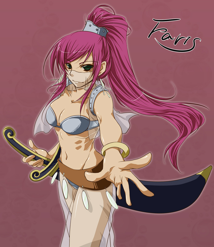 1990s_(style), arabian_clothes, belly_dancer, belt, bra, bracelet, breasts, cleavage, faris_scherwiz, final_fantasy, final_fantasy_v, green_eyes, harem_pants, jewelry, lingerie, long_hair, magnetic, midriff, mystic_knight, pants, ponytail, purple_hair, see-through_clothes, sword, underwear, veil, weapon