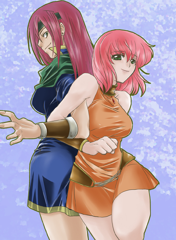 1990s_(style), 2girls, choker, dress, faris_scherwiz, final_fantasy, final_fantasy_v, green_eyes