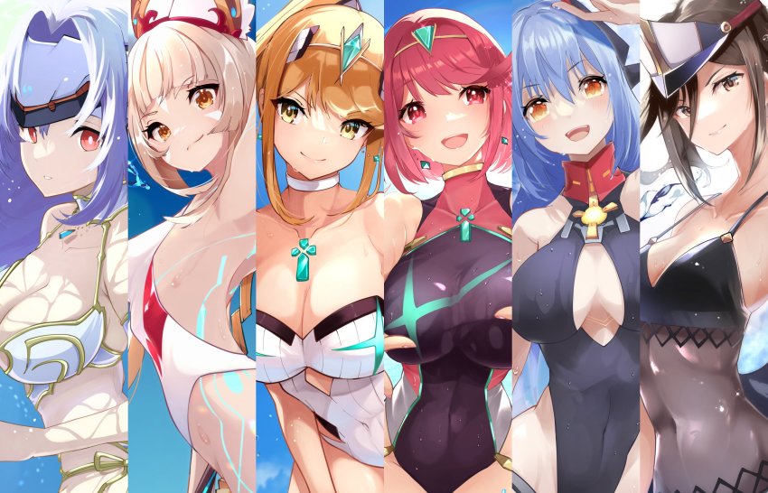 6+girls, absurdres, alternate_costume, android, black_one-piece_swimsuit, breasts, chest_jewel, collage