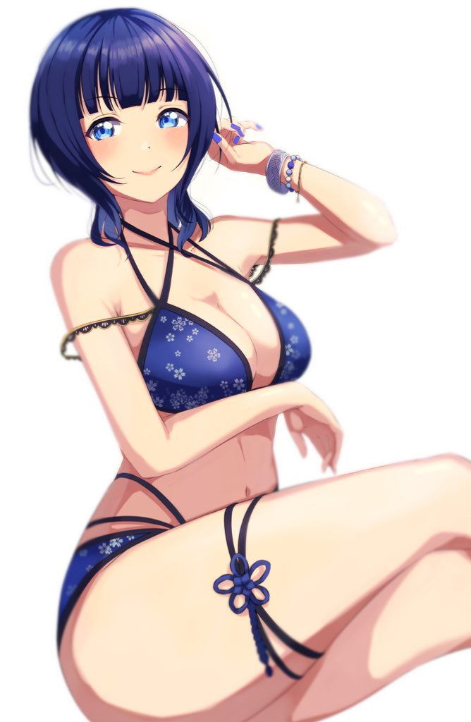 1girl, arm_under_breasts, asaka_karin, bead_bracelet, beads, bikini, blue_bikini, blue_eyes, blue_nails, blunt_bangs, blush, bra, bracelet, breasts, cleavage, closed_mouth, collarbone, floral_print, in-franchise_crossover, jewelry, kurosawa_dia, kurosawa_dia_(dengeki_g's_poster_swimsuit), large_breasts, lips, love_live!, love_live!_nijigasaki_high_school_idol_club, medium_hair, mole, mole_on_collarbone, multi-strapped_bikini, multi-strapped_bikini_bottom, multi-strapped_bikini_top, multi-strapped_bra, multi-strapped_panties, multi-strapped_pants, multi-strapped_swimsuit, multi-strapped_underwear, nail_polish, navel, panties, playing_with_own_hair, simple_background, sitting, smile, solo, sophiaenju, strap_gap, swimsuit, thigh_strap, thighs, white_background