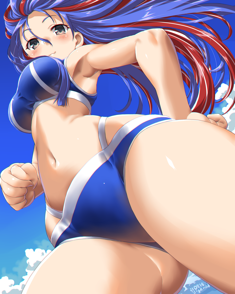 1girl, armpits, artist_name, bikini, blue_bikini, blue_hair, blue_sky, blush