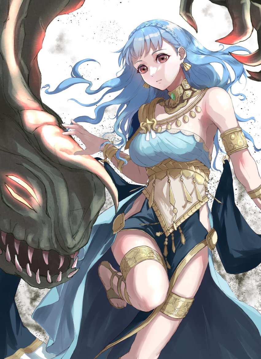 1girl, blue_hair, bracelet, braid, breasts, brown_eyes, circlet, cleavage, closed_eyes, crown_braid, dancer, dancer_(fire_emblem:_three_houses), dress, earrings, fire_emblem, fire_emblem:_three_houses, fire_emblem_heroes, hair_down, highres, jewelry, large_breasts, long_hair, looking_at_viewer, marianne_von_edmund, marianne_von_edmund_(serene_adherent), marianne_von_edmund_(timeskip), maurice_(fire_emblem), midriff, miran_(olivine_20), navel, nintendo, official_alternate_costume, official_alternate_hairstyle, simple_background, single-shoulder_dress, solo, upper_body