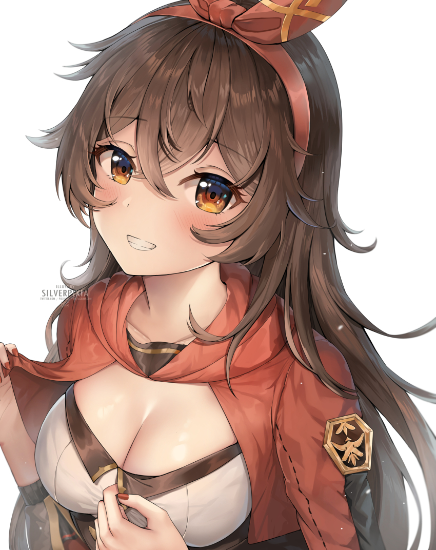 1girl, :d, amber_(genshin_impact), breasts, brown_eyes, brown_hair, cleavage, collarbone
