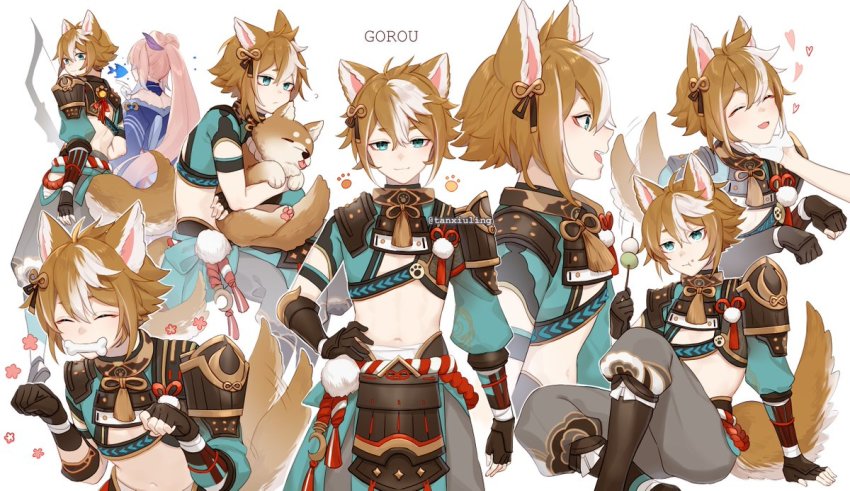 1boy, 1girl, animal, animal_ears, aqua_eyes, armor, asymmetrical_gloves, asymmetrical_sleeves