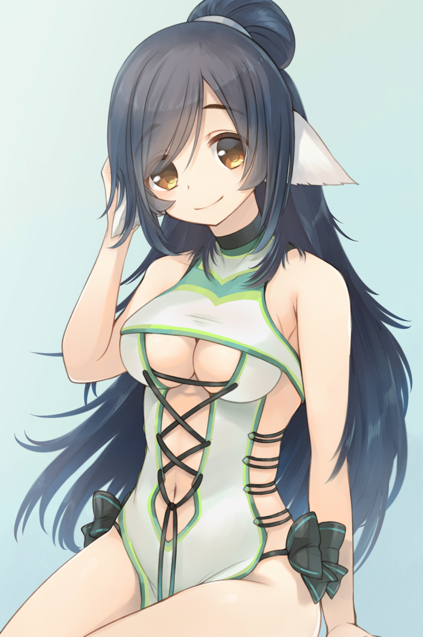 1girl, animal_ears, aquaplus, bare_arms, bare_legs, bare_shoulders, black_hair, breasts