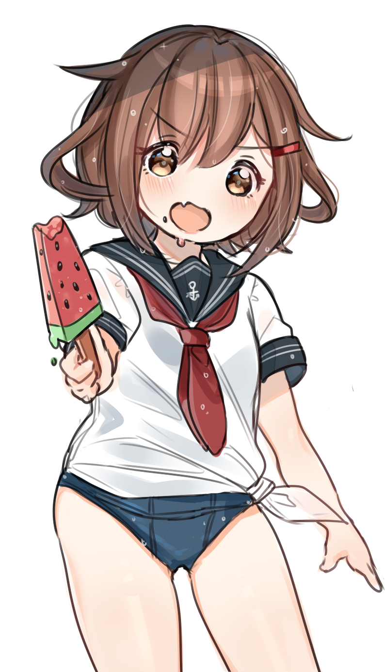 1girl, anchor_symbol, black_sailor_collar, blue_one-piece_swimsuit, brown_eyes, brown_hair, fang, food