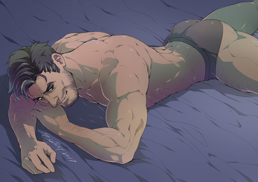 1boy, absurdres, arm_hair, ass, bara, beard, black_eyes, black_hair, briefs, dream_daddy:_a_dad_dating_simulator, evinist, facial_hair, feet_out_of_frame, grin, highres, lying, male_focus, male_underwear, mature_male, muscular, muscular_legs, muscular_male, on_bed, on_stomach, robert_(dream_daddy), robert_small, short_hair, smile, solo, teeth, thighs, topless_male, underwear