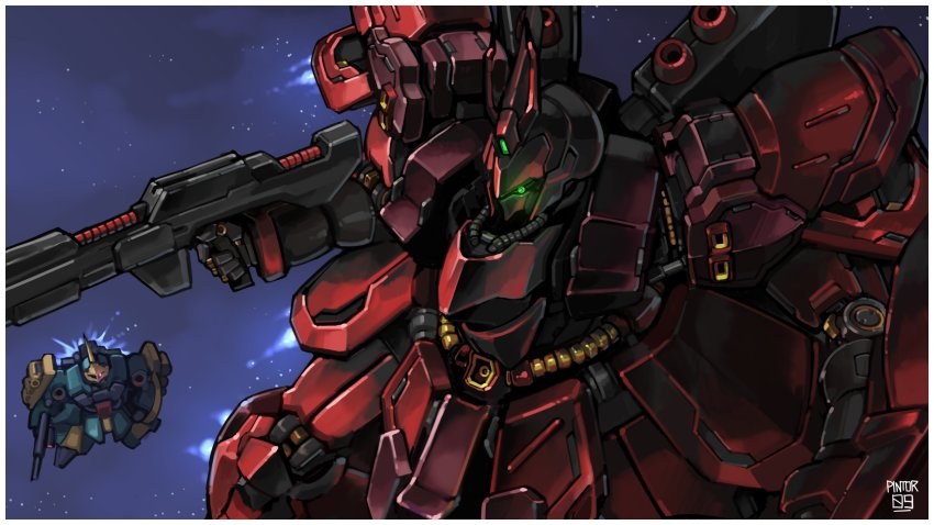 absurdres, char's_counterattack, dated, glowing, glowing_eye, green_eyes, gun, gundam