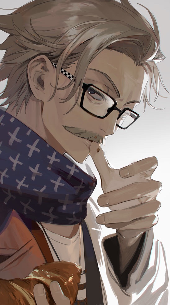 1boy, black-framed_eyewear, blue_scarf, croissant, facial_hair, fate/grand_order, fate_(series), food, glasses, grey_hair, itefu, james_moriarty_(archer)_(fate), james_moriarty_(tour_outfit)_(fate), looking_at_viewer, male_focus, mustache, scarf, simple_background, solo, thumb_to_mouth, upper_body
