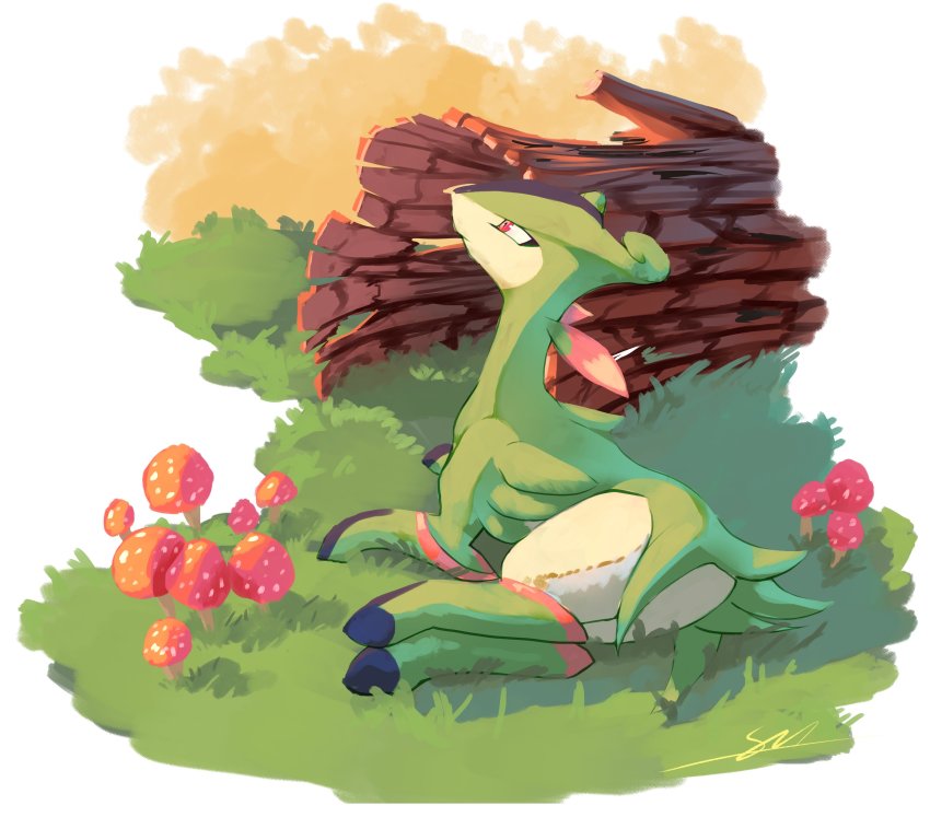 absurdres, closed_mouth, commentary, english_commentary, gen_5_pokemon, grass, highres, hollow_log