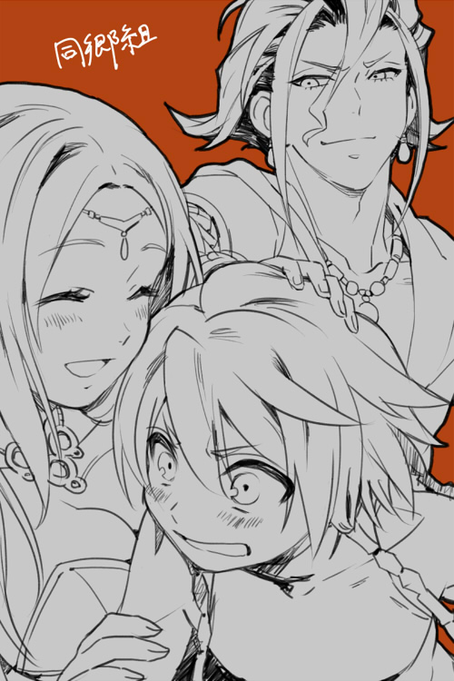 1girl, 2boys, :d, beads, blush, breasts, cleavage, dancer_(sekaiju)