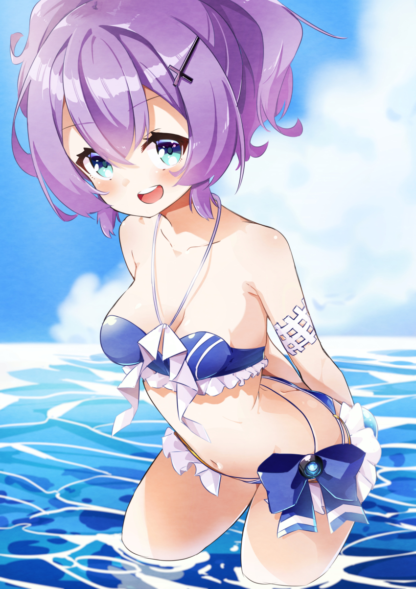 1girl, :d, absurdres, aqua_eyes, arms_behind_back, azur_lane, bare_shoulders, bent_over