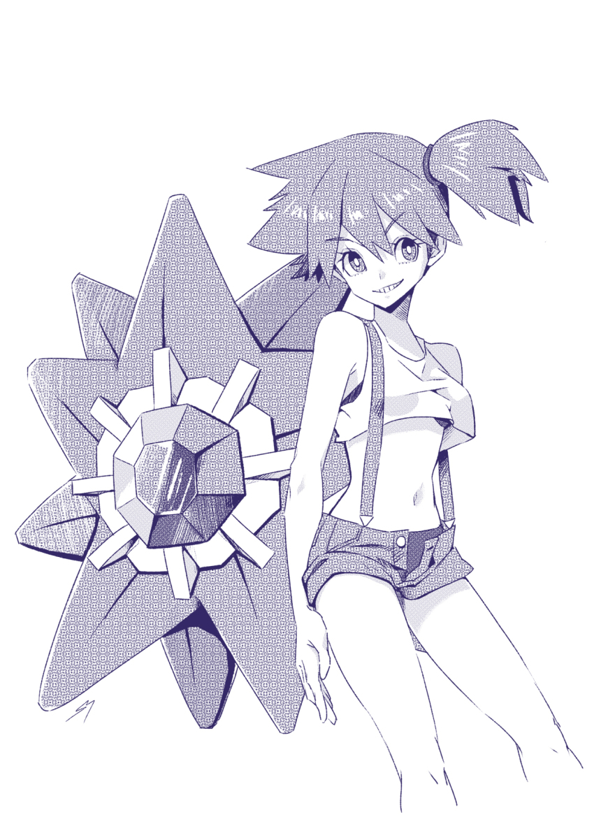 1girl, armpits, asymmetrical_hair, bare_shoulders, breasts, denim, denim_shorts, gen_1_pokemon