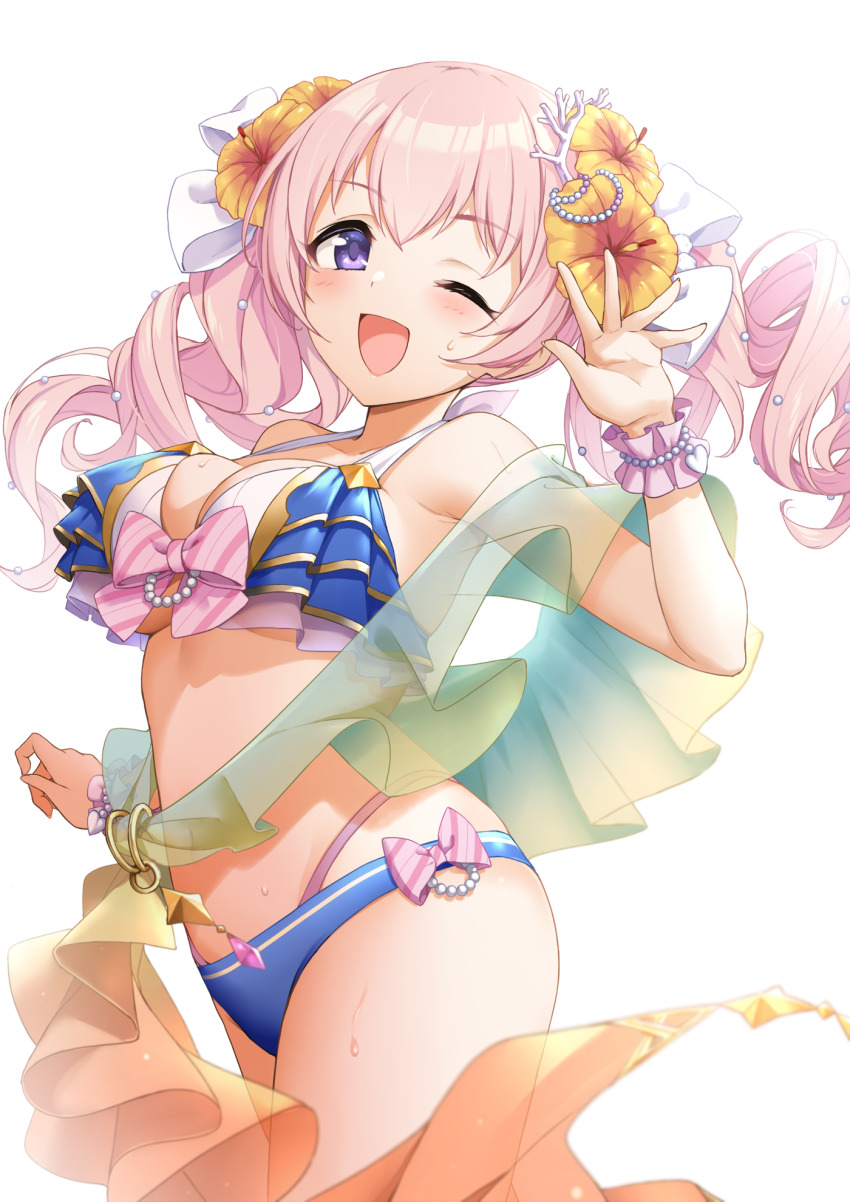 1girl, bikini, blue_bikini, blush, breasts, frilled_bikini, frills, highres