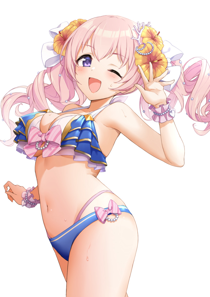 1girl, bikini, blue_bikini, blush, breasts, frilled_bikini, frills, highres