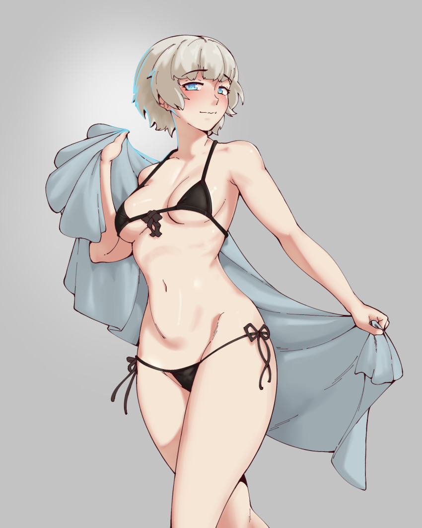 1girl, bikini, black_bikini, blue_eyes, blush, breasts, commentary, grey_background, highres, holding, holding_towel, looking_at_viewer, meteora_osterreich, midriff, re:creators, short_hair, side-tie_bikini_bottom, simple_background, small_breasts, solo, standing, swimsuit, thwwshark, towel, white_hair