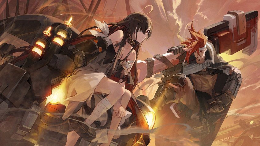 1boy, 1girl, ahoge, alchemy_stars, baggy_pants, bandage_over_one_eye, bandaged_leg, bandages